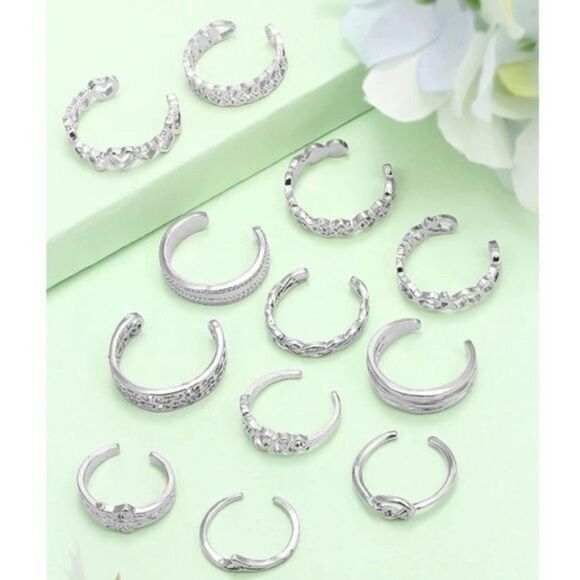 Silver Adjustable Boho Open Toe Rings - Set of 12 - Picture 4 of 4
